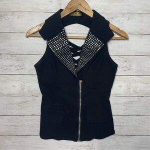 Bling Rider Black Studded Sleeveless Zip Vest Rocker Biker Western Glam Top Y2K